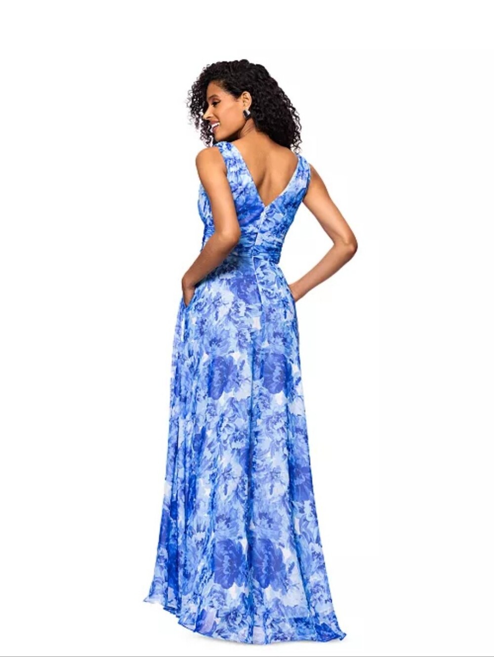 NWT Betsy & Adam Blue Floral Chiffon V Neck Pleated Maxi Gown Dress 6 $259 - Picture 4 of 15